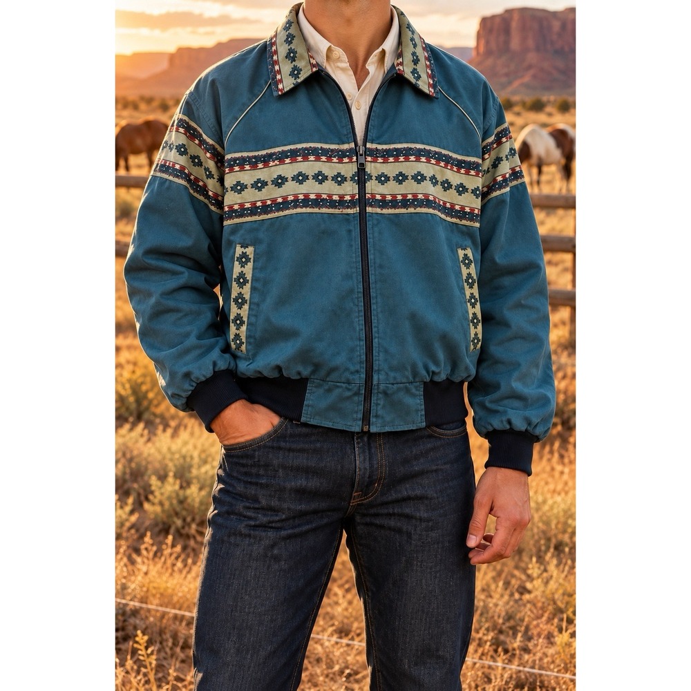 Bee-Wild Award Design Men's Teal Southwestern Bomber Jacket USA Made Size L